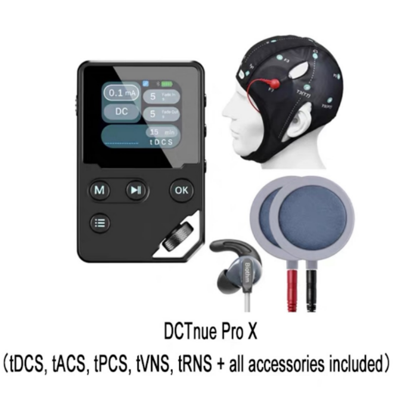 DCTnue Pro X neurostimulation device with electrode cap, round electrodes, and ear-clip accessories