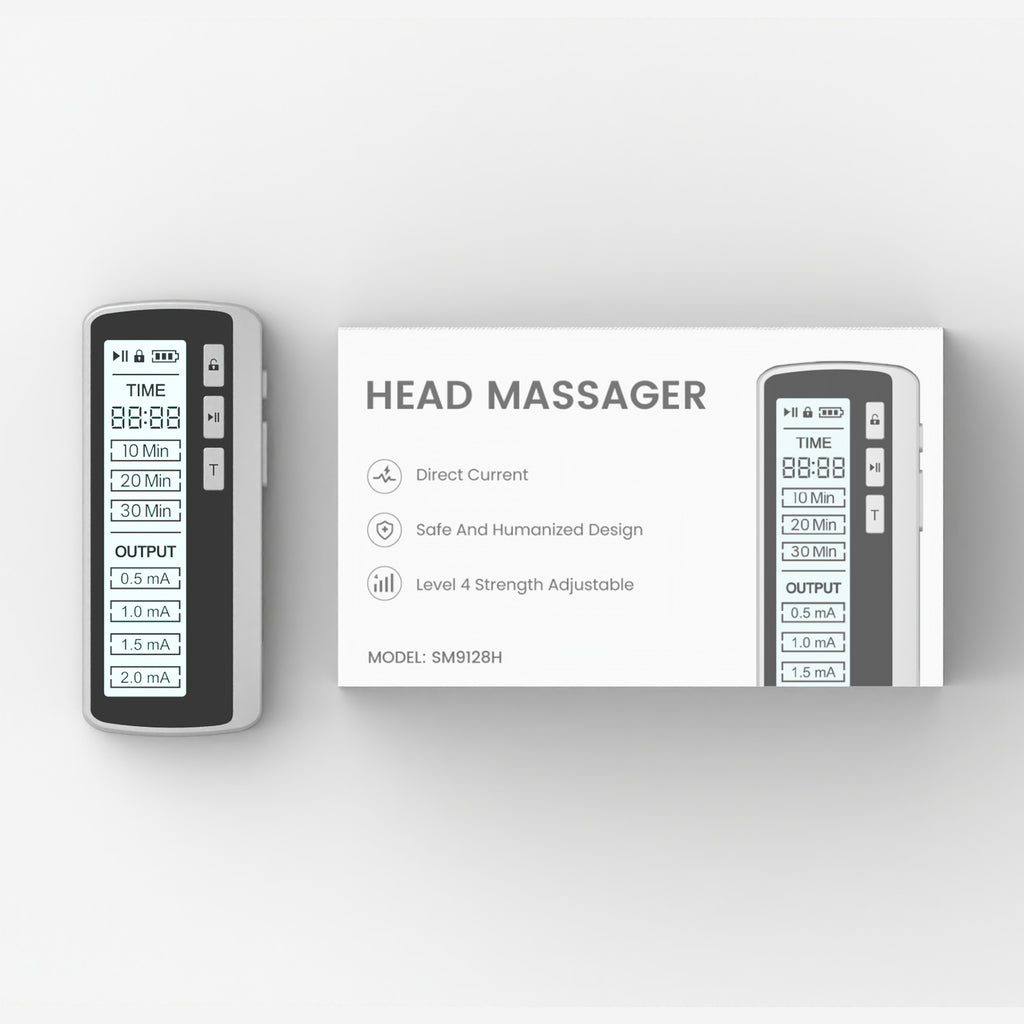 SM9128H Head Massager device and packaging showing direct current stimulator with LCD display