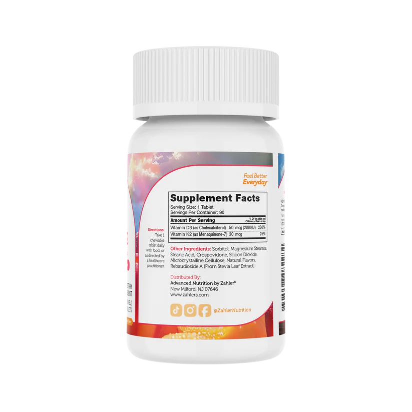 Zahler Junior D3 & K2™ – Children’s D3 & K2 Formula | Supports Bone Density & Calcium Absorption | 90 Chewable Tablets