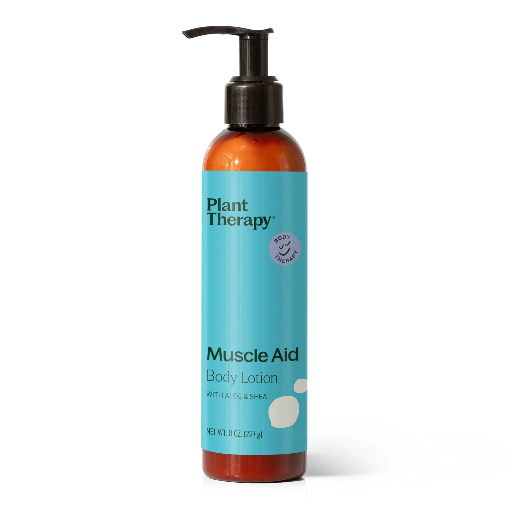 Plant Therapy Muscle Aid Body Lotion 8oz amber pump bottle with teal label