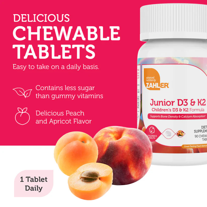 Zahler Junior D3 & K2™ – Children’s D3 & K2 Formula | Supports Bone Density & Calcium Absorption | 90 Chewable Tablets