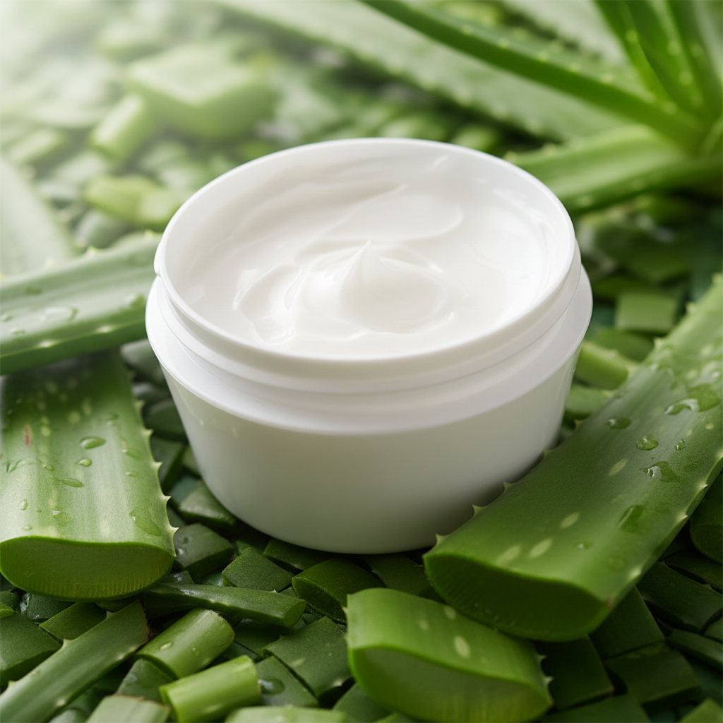 Angled jar with aloe vera background