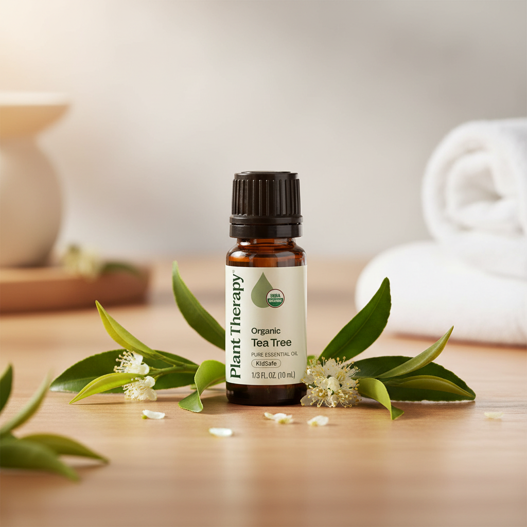 Botanical lifestyle — wood surface with tea tree leaves