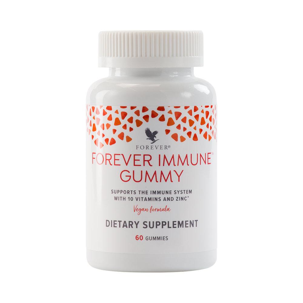 Forever Immune Gummy supplements blend of 10 vitamins and zinc with a naturally sweet tropical fruit flavor.