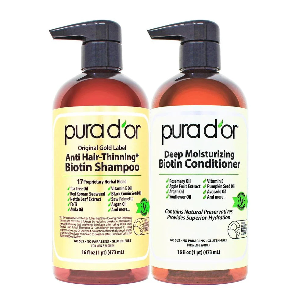 PURA D'OR Anti Hair-Thinning Biotin Shampoo and Deep Moisturizing Biotin Conditioner Set 16 fl oz