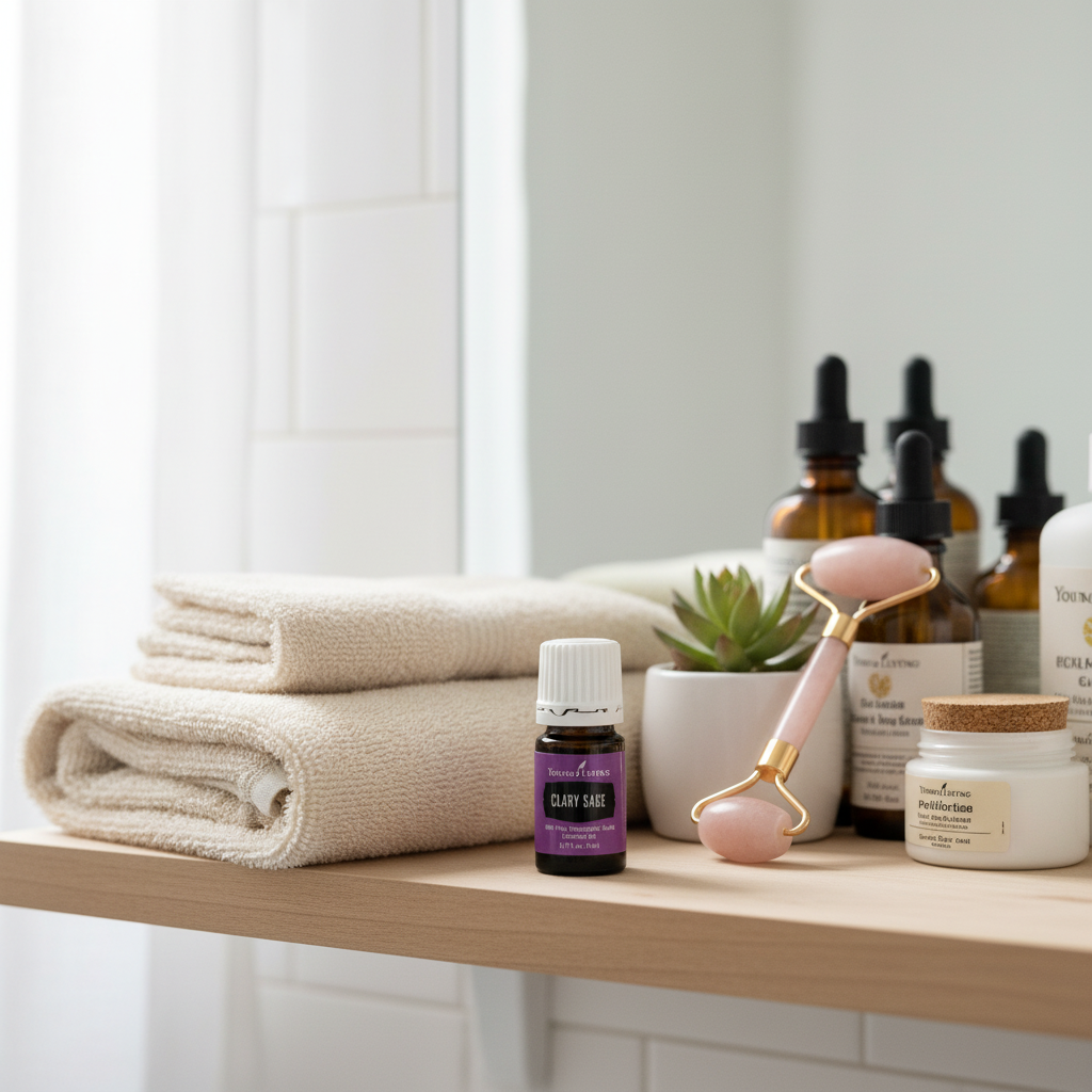 Clary Sage oil on bathroom shelf with skincare items