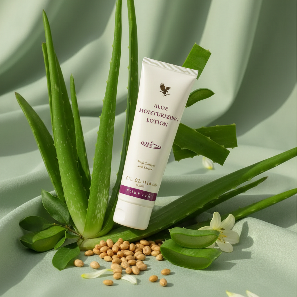 Forever Aloe Moisturizing Lotion on sage green botanical background