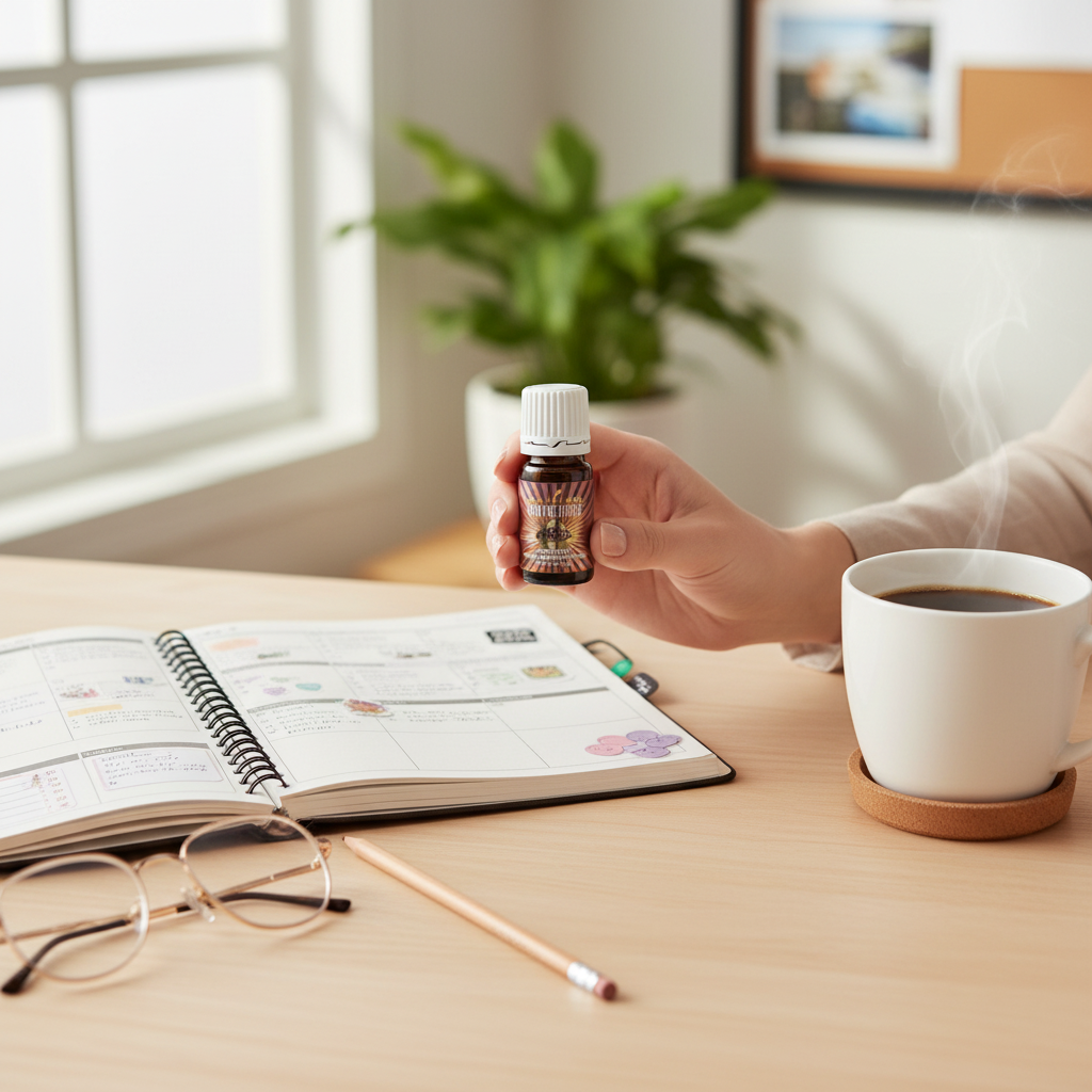 Into The Future essential oil with planner and morning coffee