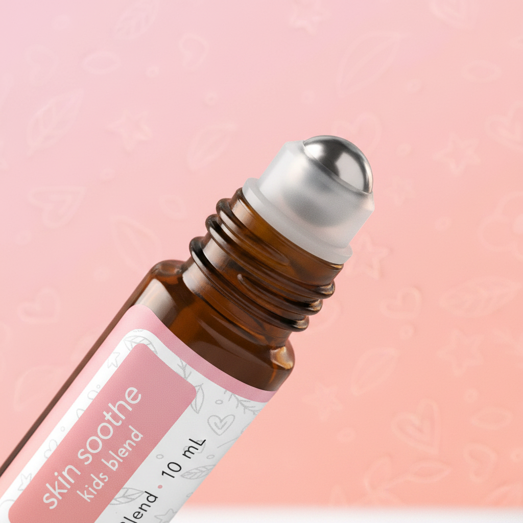 Close-up of Skin Soothe roller steel ball tip with pink bokeh background