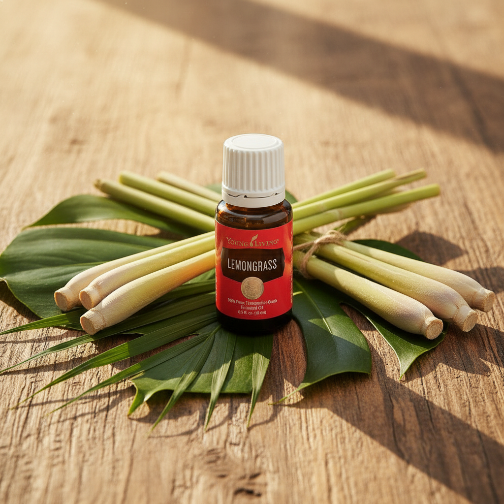 Lemongrass essential oil on rustic wood with lemongrass bundles and tropical leaves
