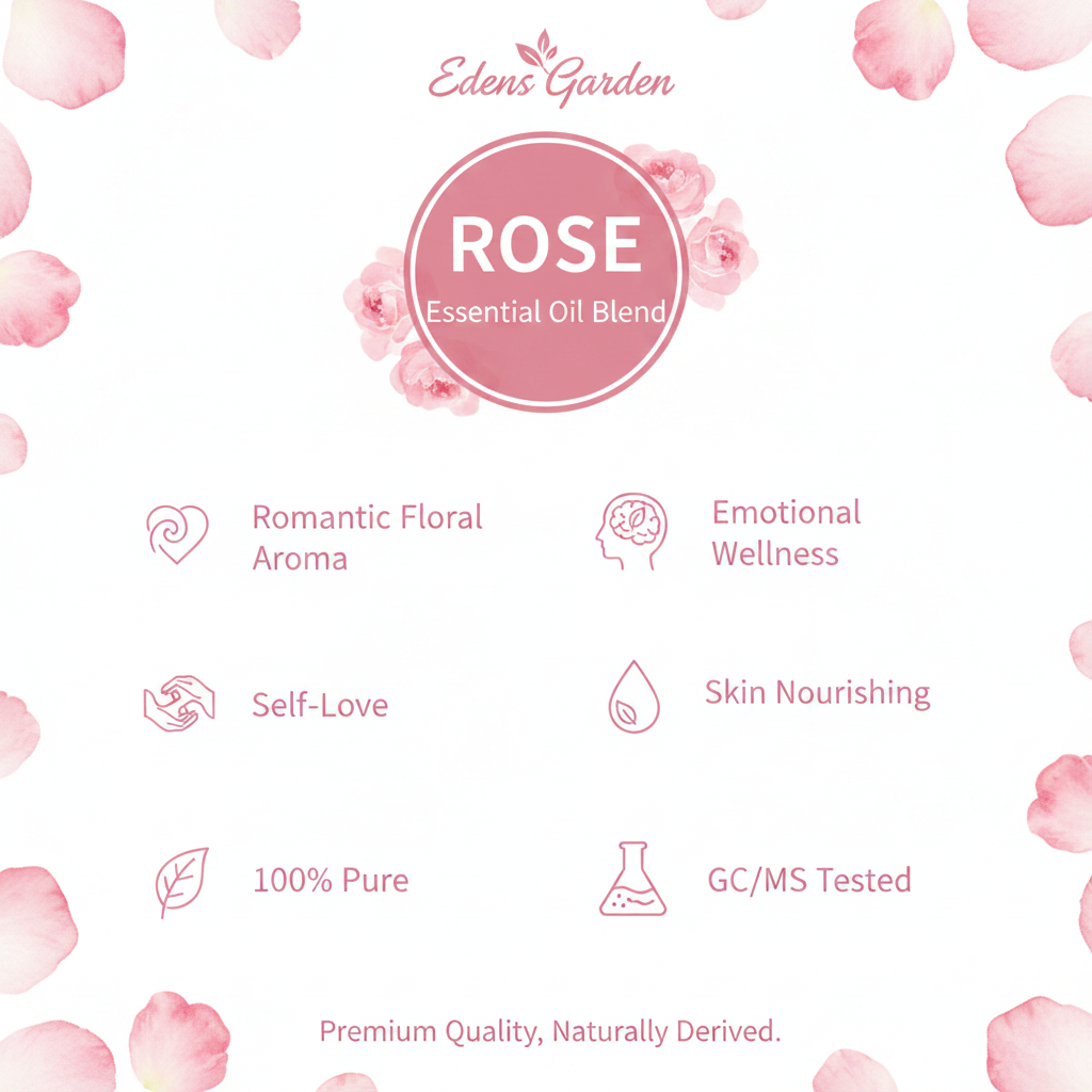 Edens Garden Rose Essential Oil benefits infographic