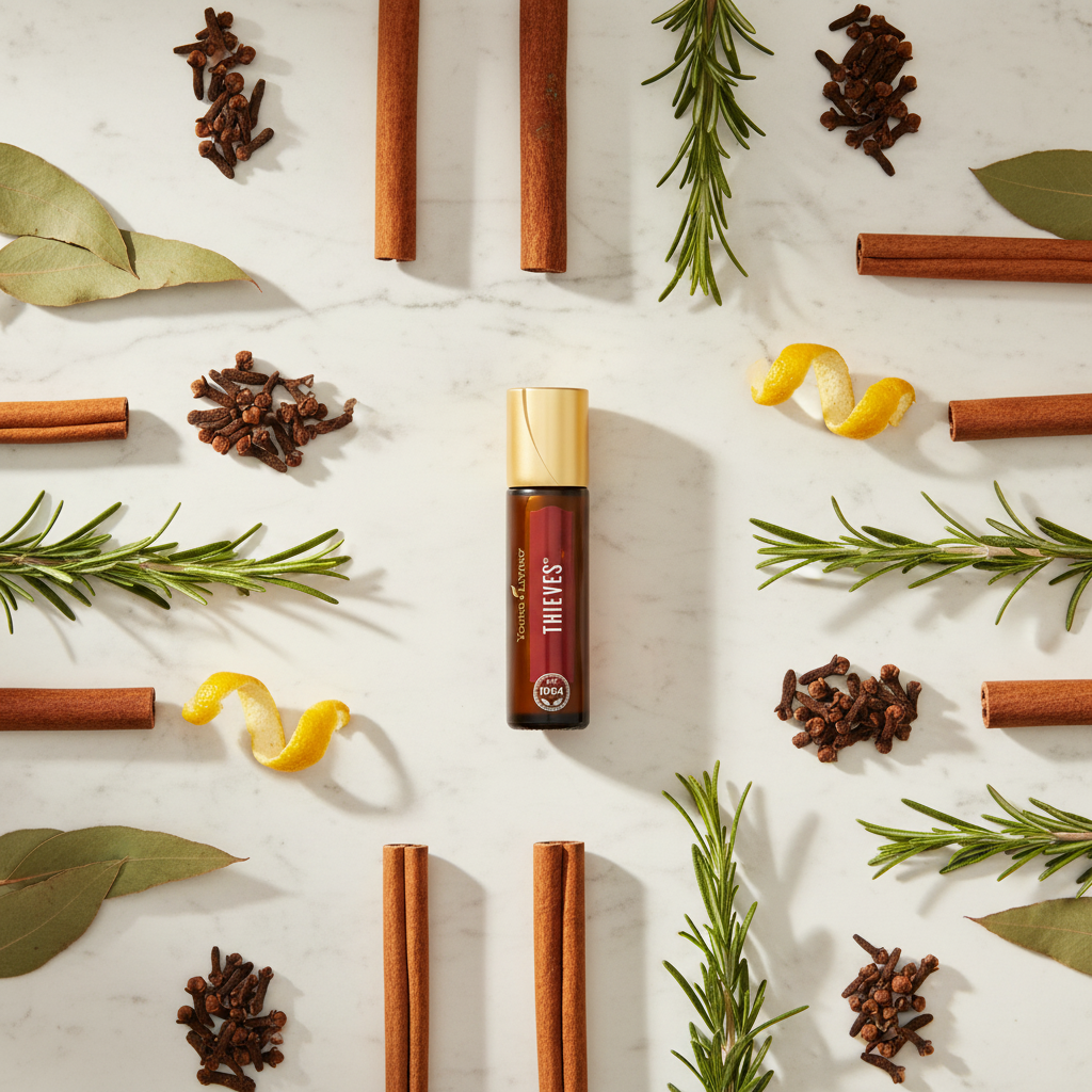 Overhead knolling Thieves Roll-On with spices