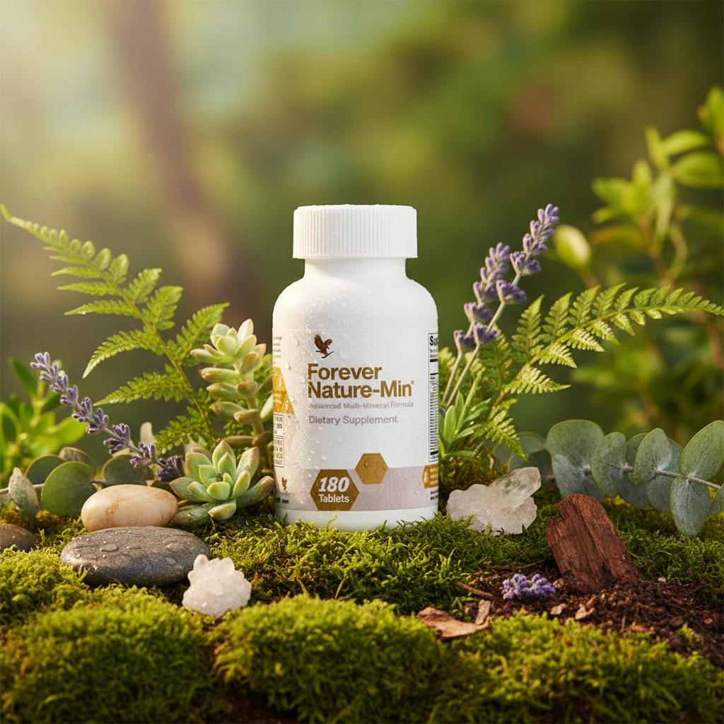 Forever Nature-Min 180 tablets bottle on lush green botanical background