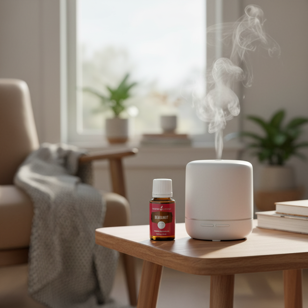 Bergamot essential oil near ceramic diffuser