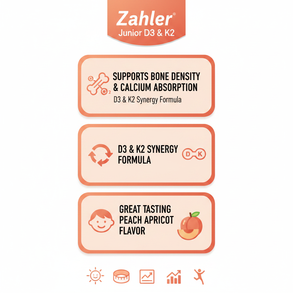 Junior D3 K2 key benefits infographic bone density calcium absorption