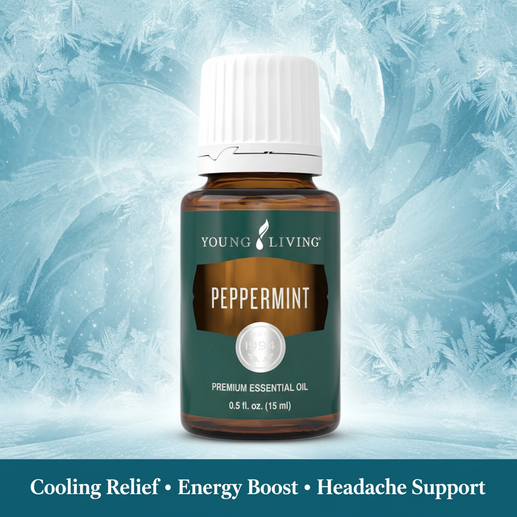 Peppermint Essential Oil icy blue background - Cooling Relief Energy Boost Headache Support