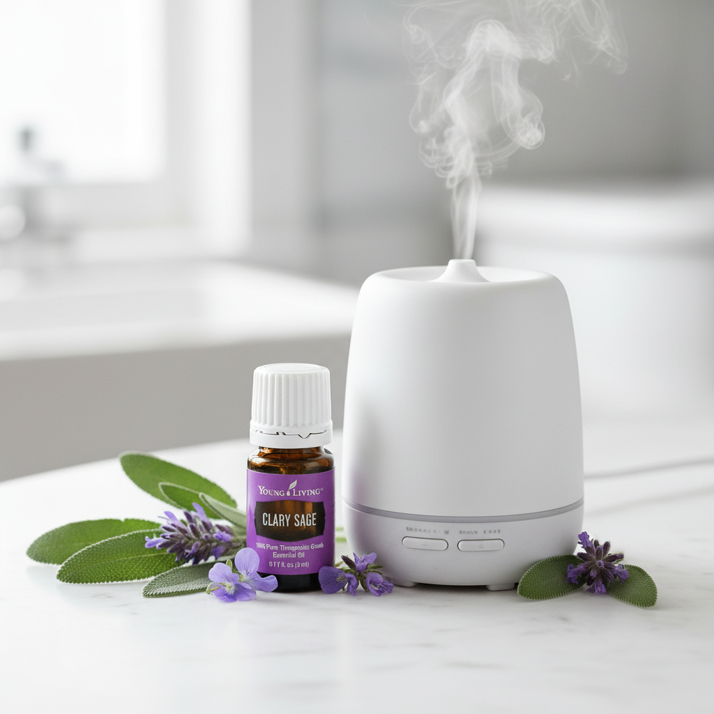 Clary Sage oil beside diffuser on marble with sage and flowers
