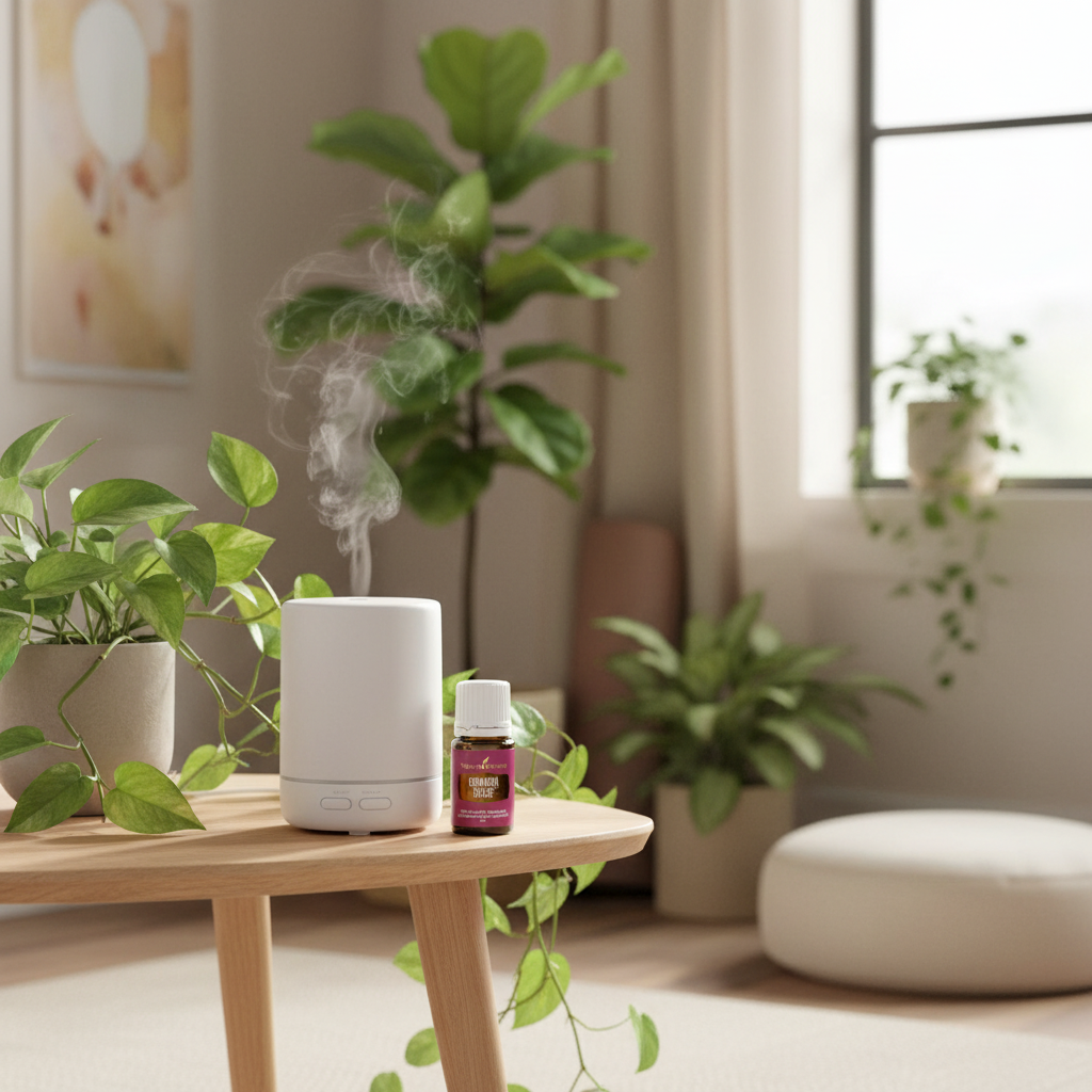 For Grounding & Mental Clarity — Common Sense bottle next to diffuser in meditation room