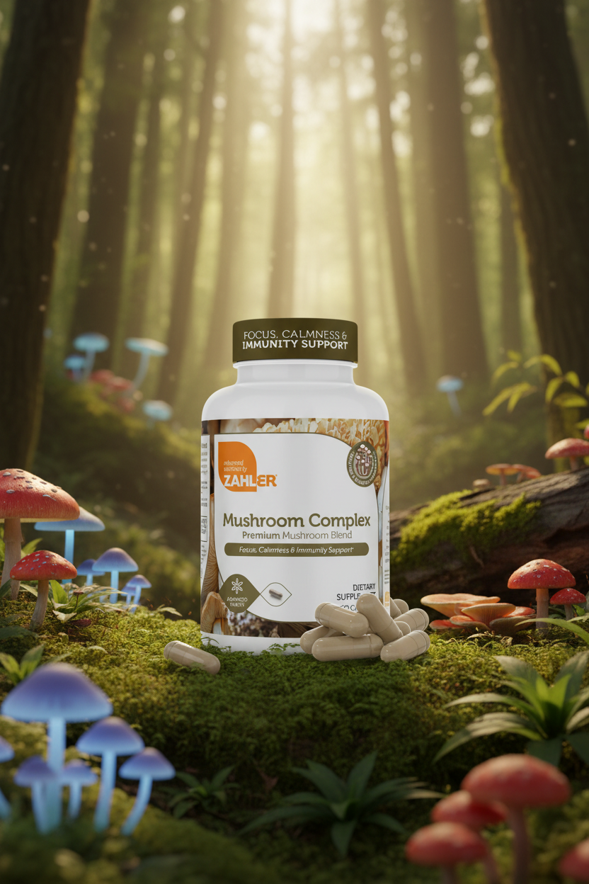 Zahler Mushroom Complex bottle in lush forest setting with natural mushrooms