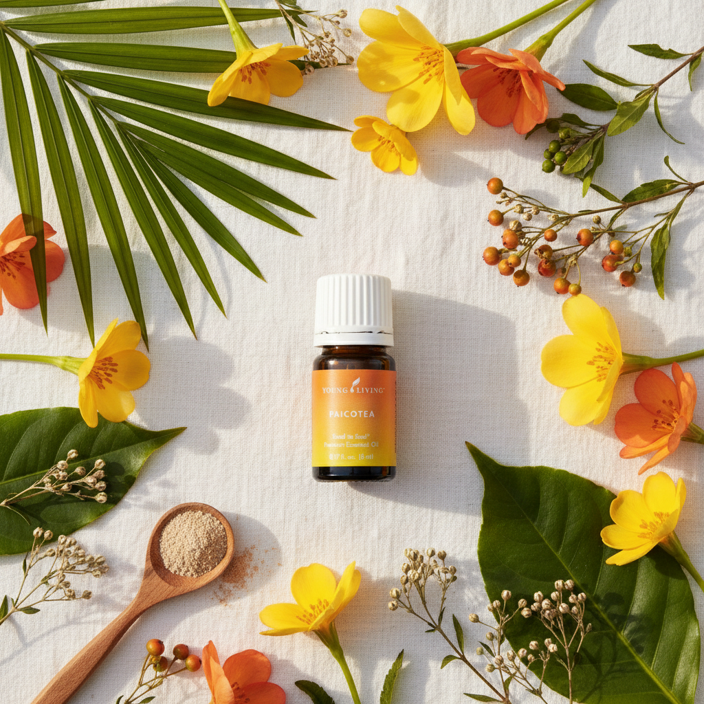 Paicotea essential oil flat lay with tropical leaves and orange flowers on linen