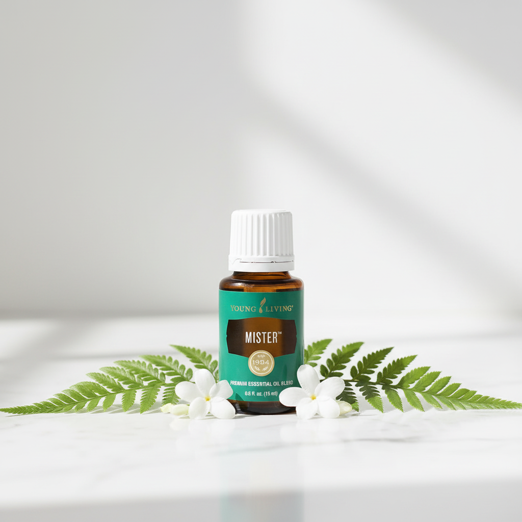 Mister Essential Oil on white marble with flowers