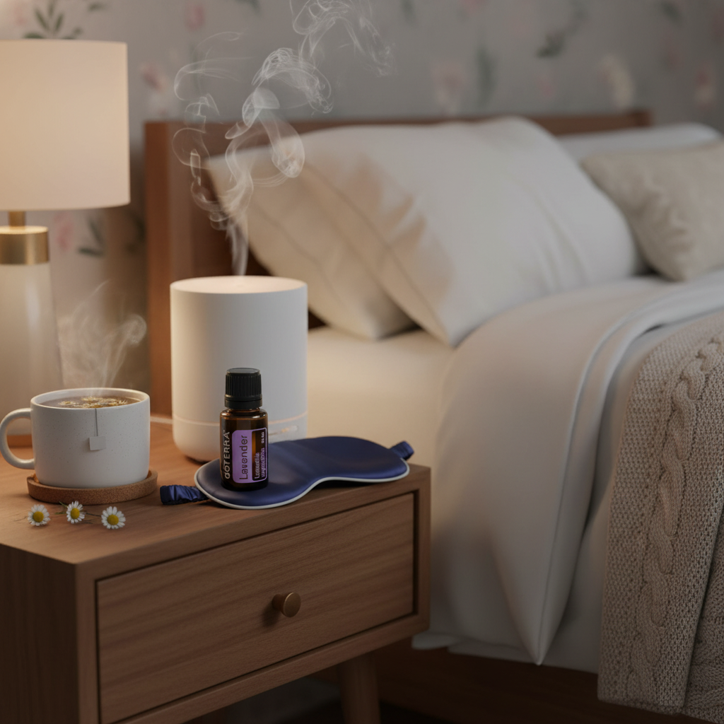 doTERRA Lavender bottle on nightstand with diffuser sleep mask and chamomile tea