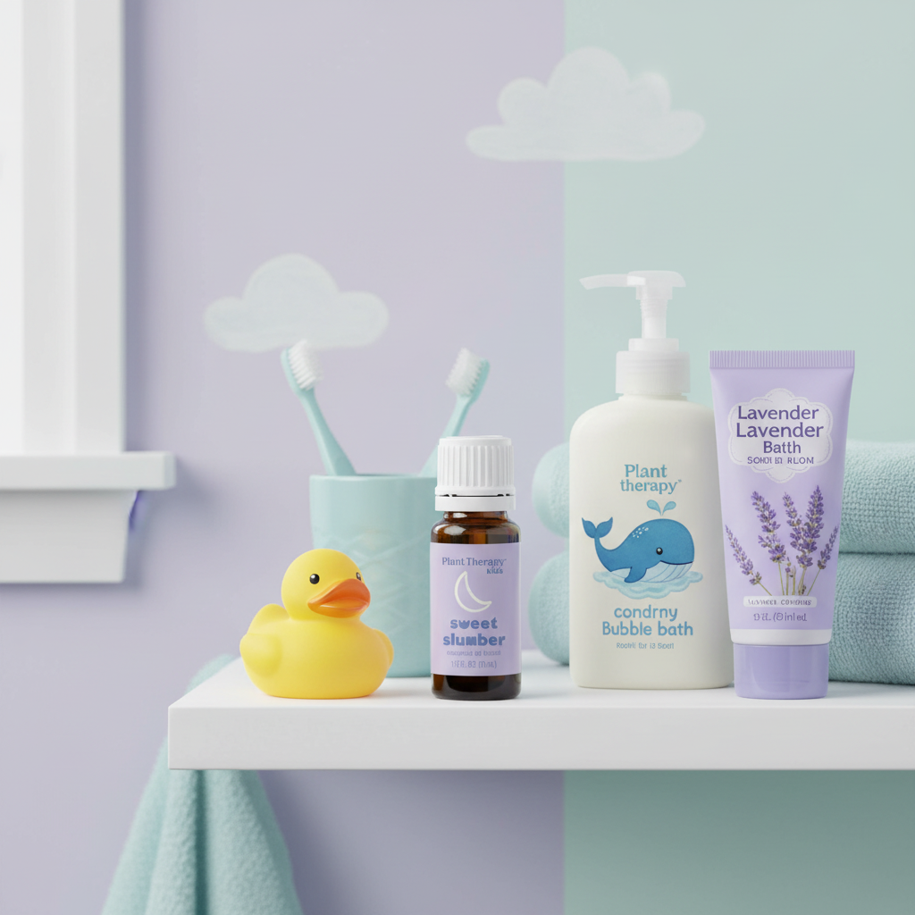 Sweet Slumber bottle on bathroom shelf for bedtime routine