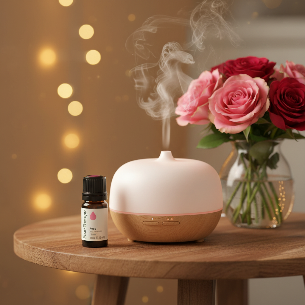 Plant Therapy Rose Pure Absolute next to diffuser with rose mist and bokeh lights