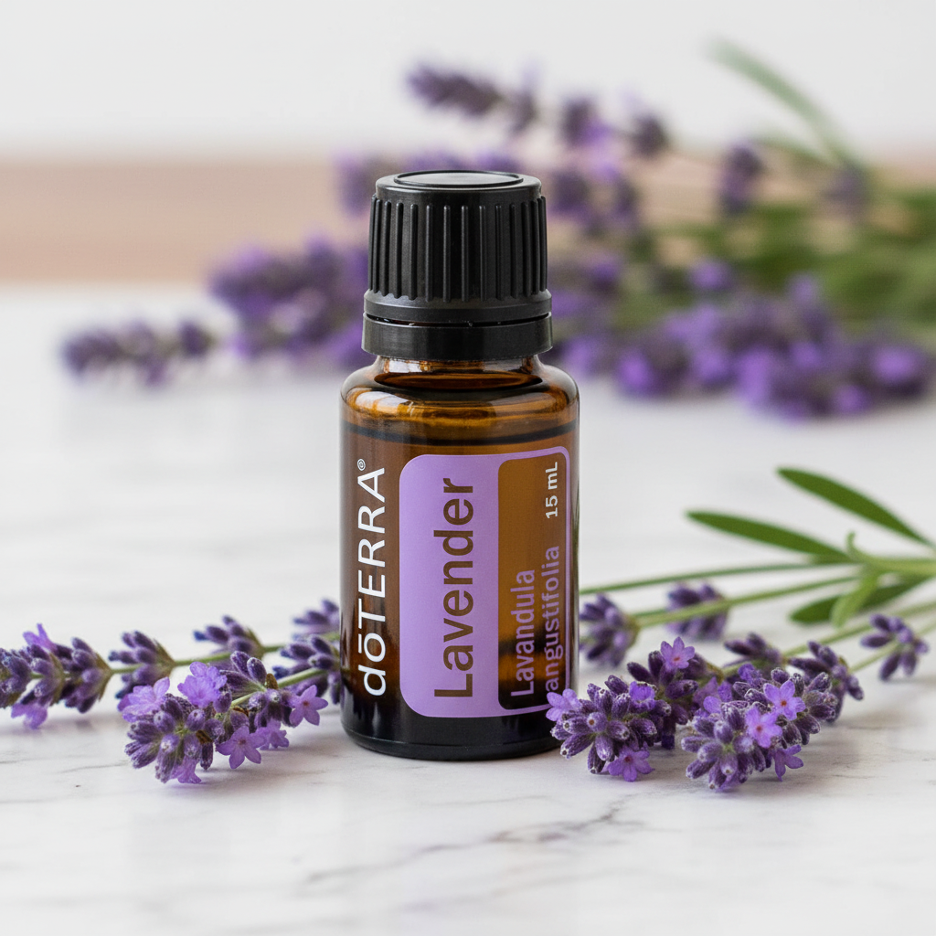 doTERRA Lavender bottle close-up on marble with scattered lavender flowers
