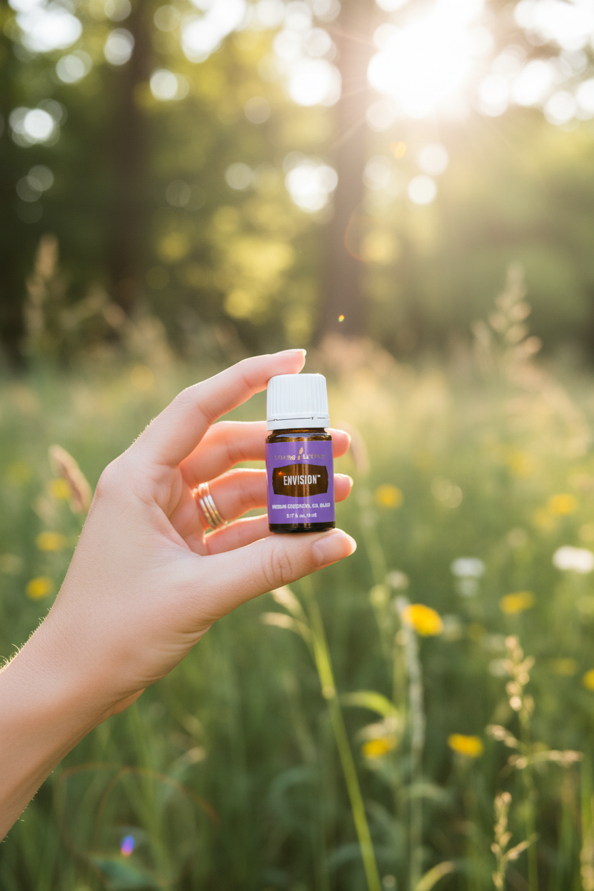 Young Living Envision oil bottle held in hand outdoors