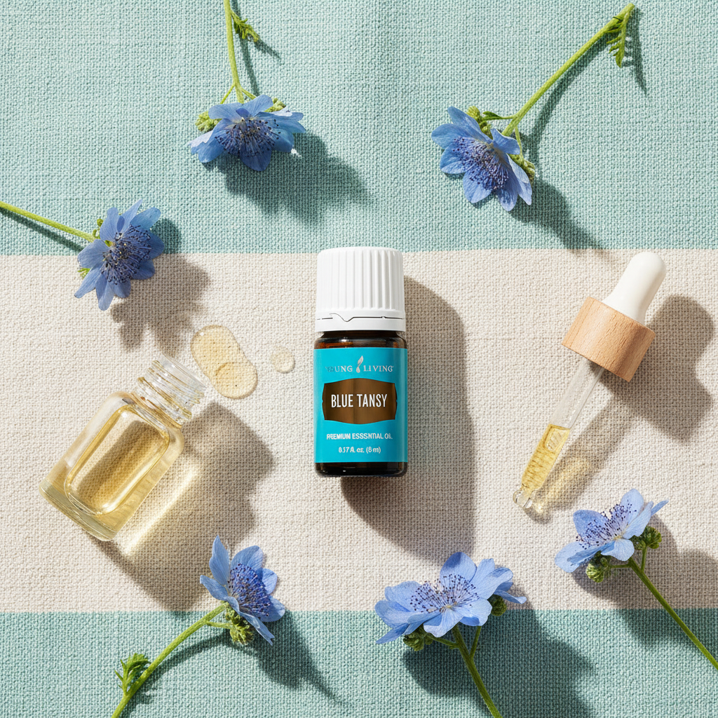 Young Living Blue Tansy Essential Oil botanical flat lay with blue tansy flowers