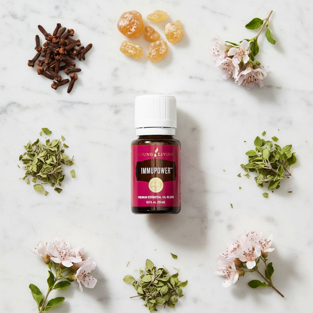 ImmunPower bottle flat lay on white marble with clove buds, frankincense tears and cistus flowers