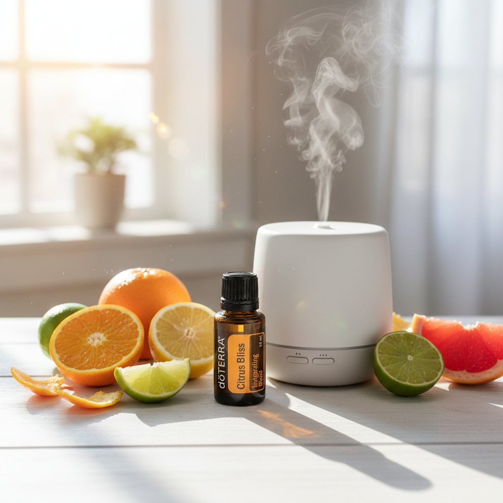 doTERRA Citrus Bliss morning diffuser scene with fresh citrus