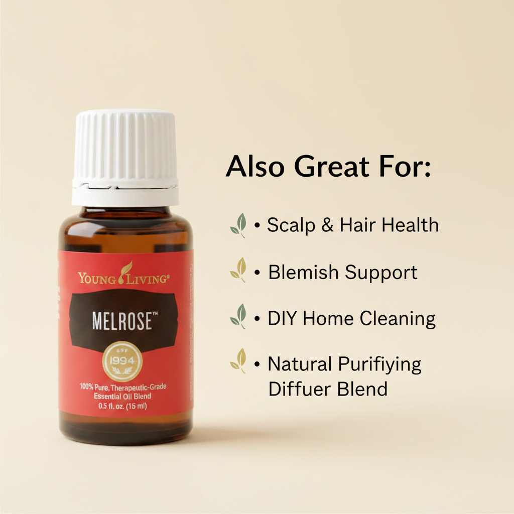 Melrose essential oil infographic - Also Great For Scalp Health, Blemish Support, DIY Cleaning, Purifying Diffuser