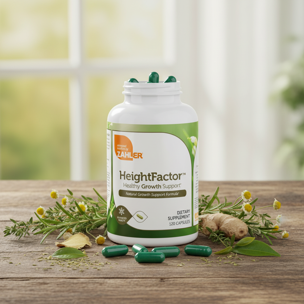 Zahler HeightFactor bottle with green capsules and natural herbs on wooden surface
