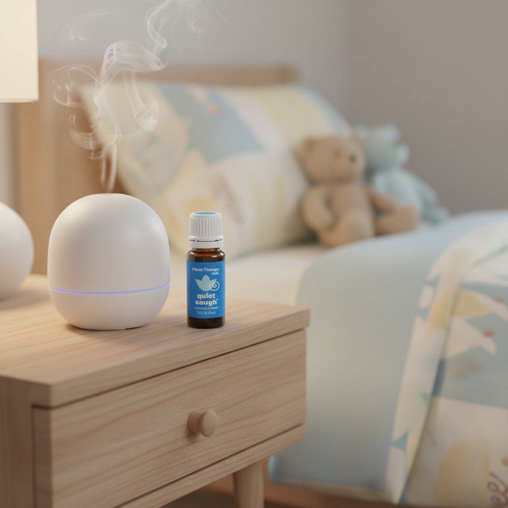 Kids essential oil blend on nightstand at bedtime