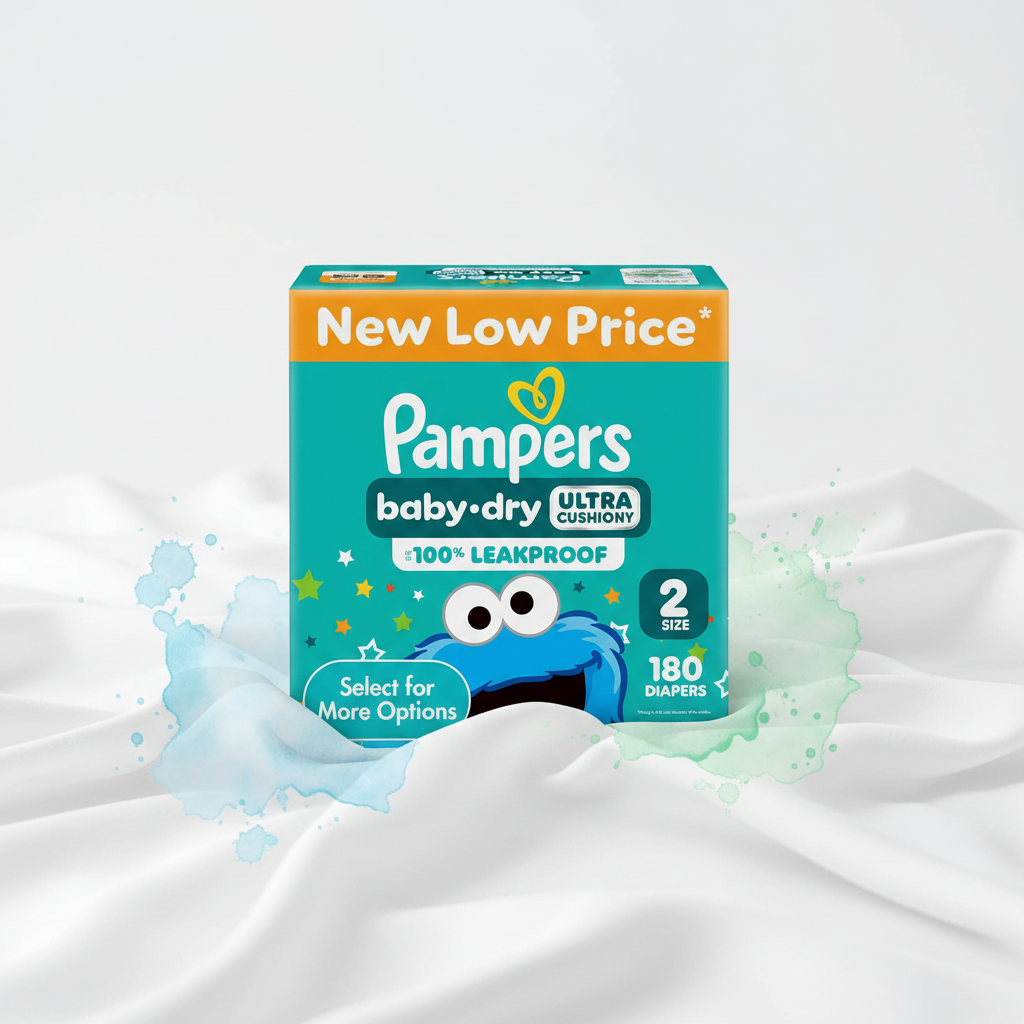 Pampers Baby-Dry Size 2 box on white surface with pastel accents