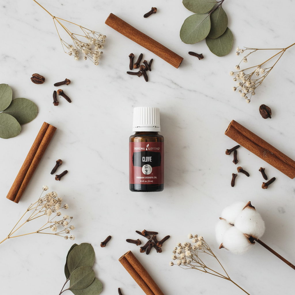 Clove Essential Oil 15ml flat lay with botanicals