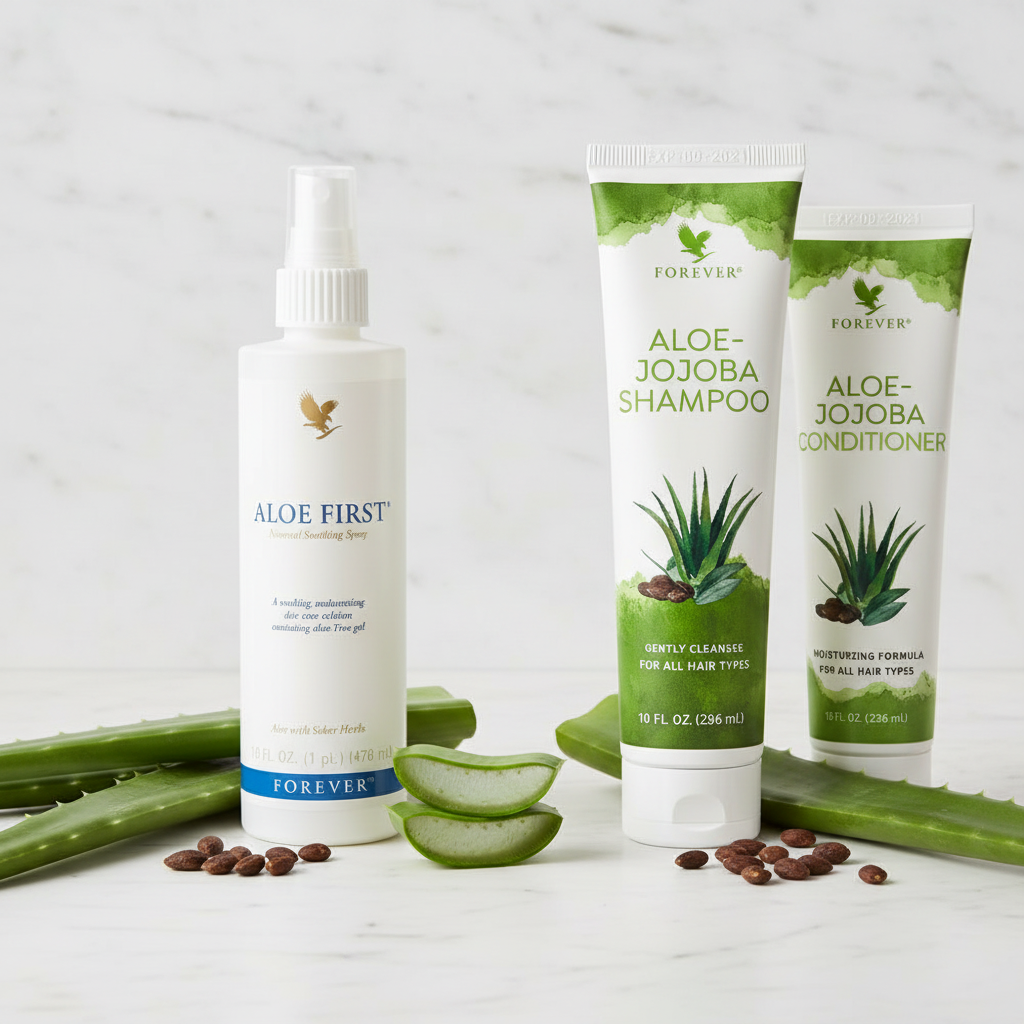 Forever dandruff treatment bundle on white marble with aloe and jojoba