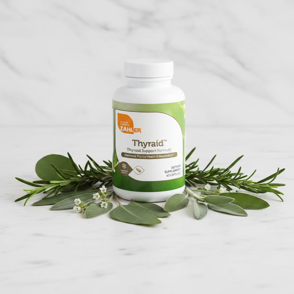 Thyraid bottle on marble surface with botanical herbs