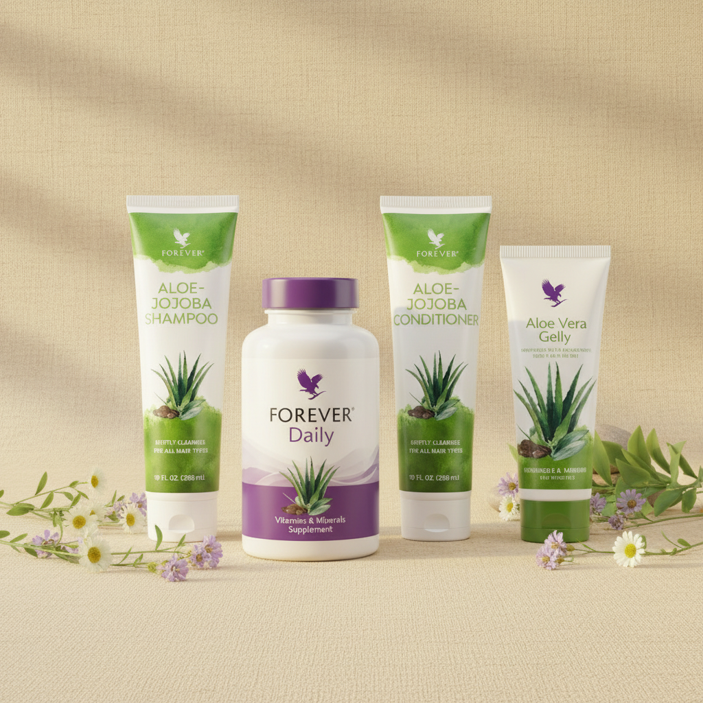 Forever Living natural beauty collection on sandy beige with wildflowers