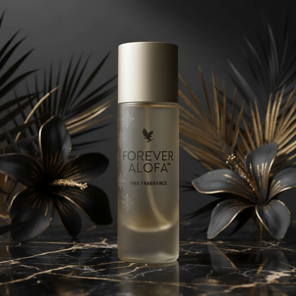 Forever Alofa Fine Fragrance on deep charcoal and gold background
