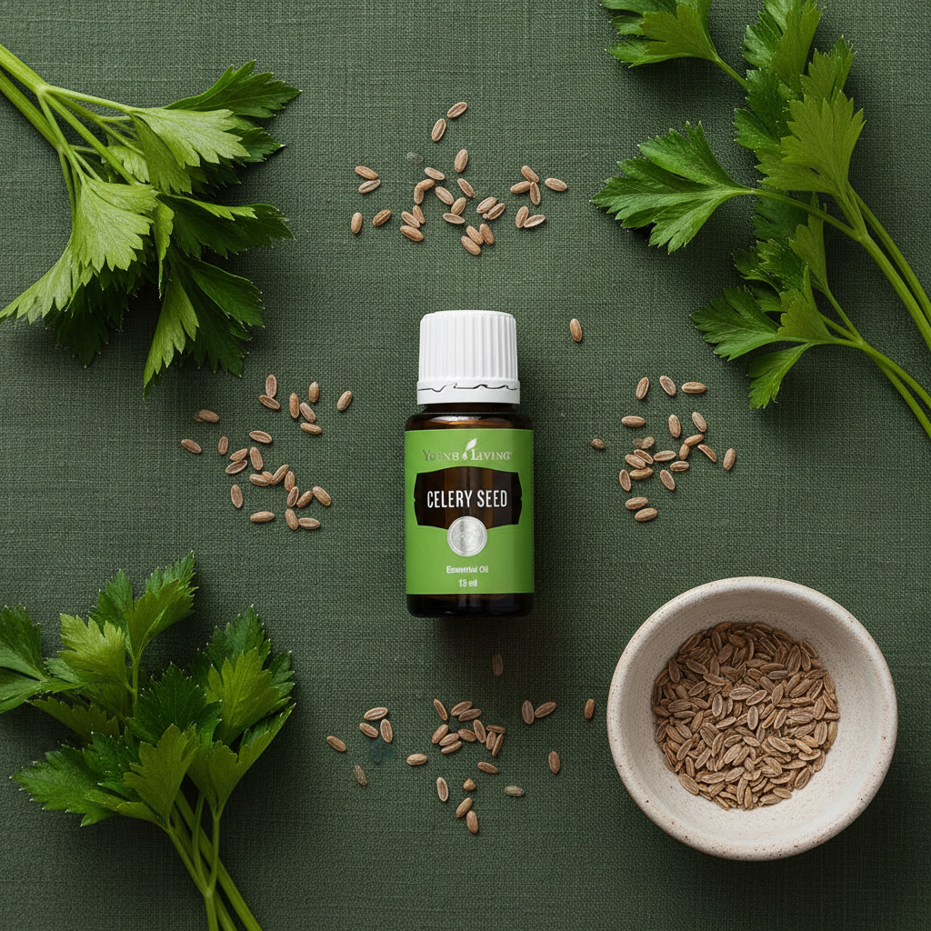 Celery Seed Essential Oil dark green flat lay