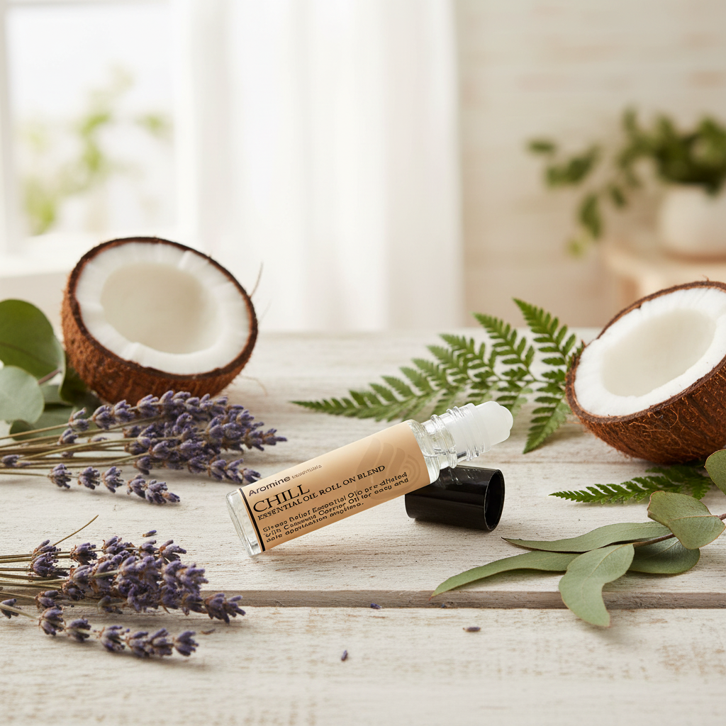 Aromine Essentials Chill Roll-On Blend with lavender and coconut on wood