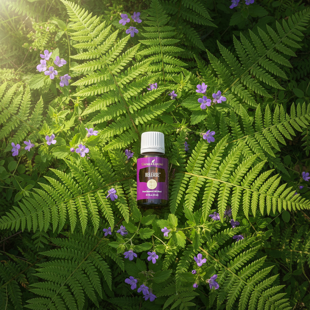 Release essential oil flat lay on ferns and purple wildflowers in forest