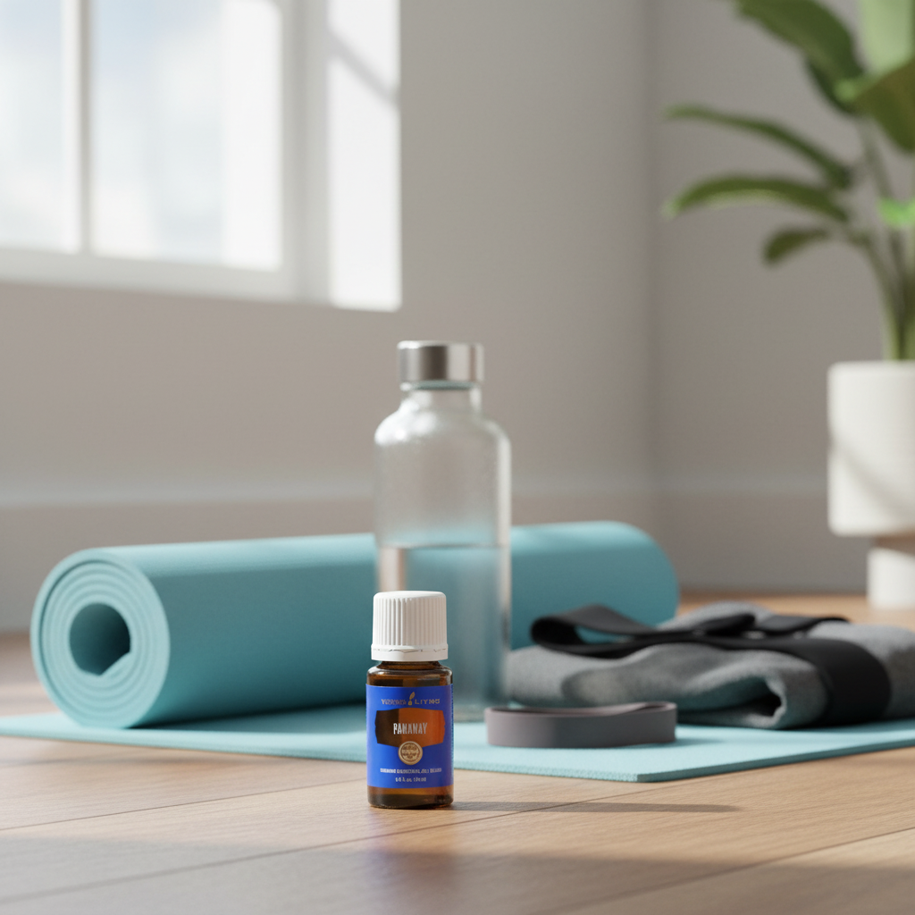 PanAway 15ml next to yoga mat and athletic gear