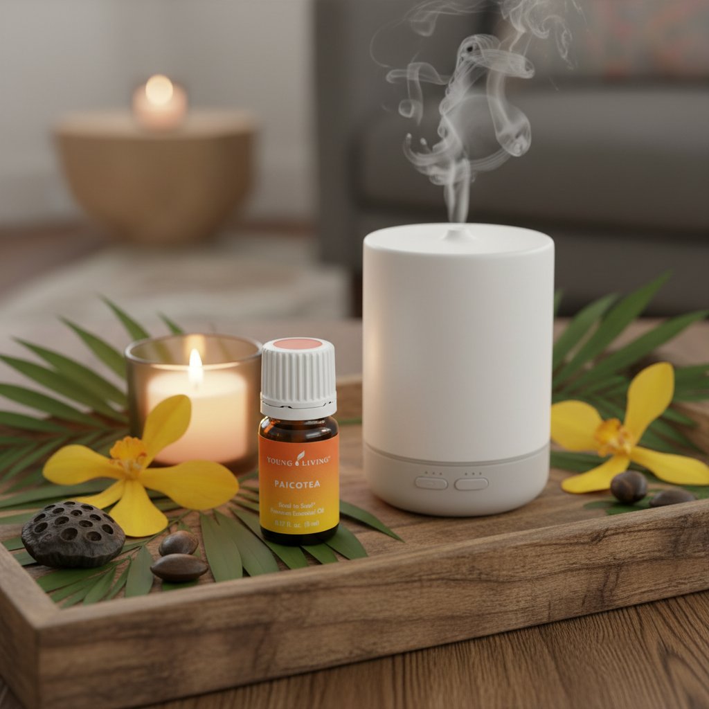 Paicotea essential oil next to ceramic diffuser with mist and tropical botanicals
