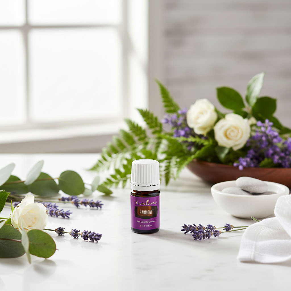 Young Living Harmony essential oil styled on marble with botanicals