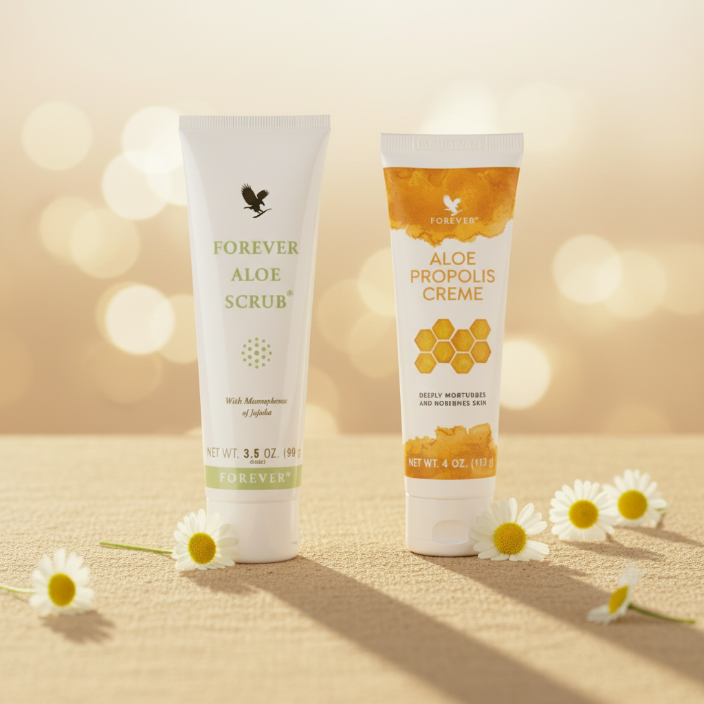 Forever Aloe Scrub and Propolis Creme on sandy beige with chamomile