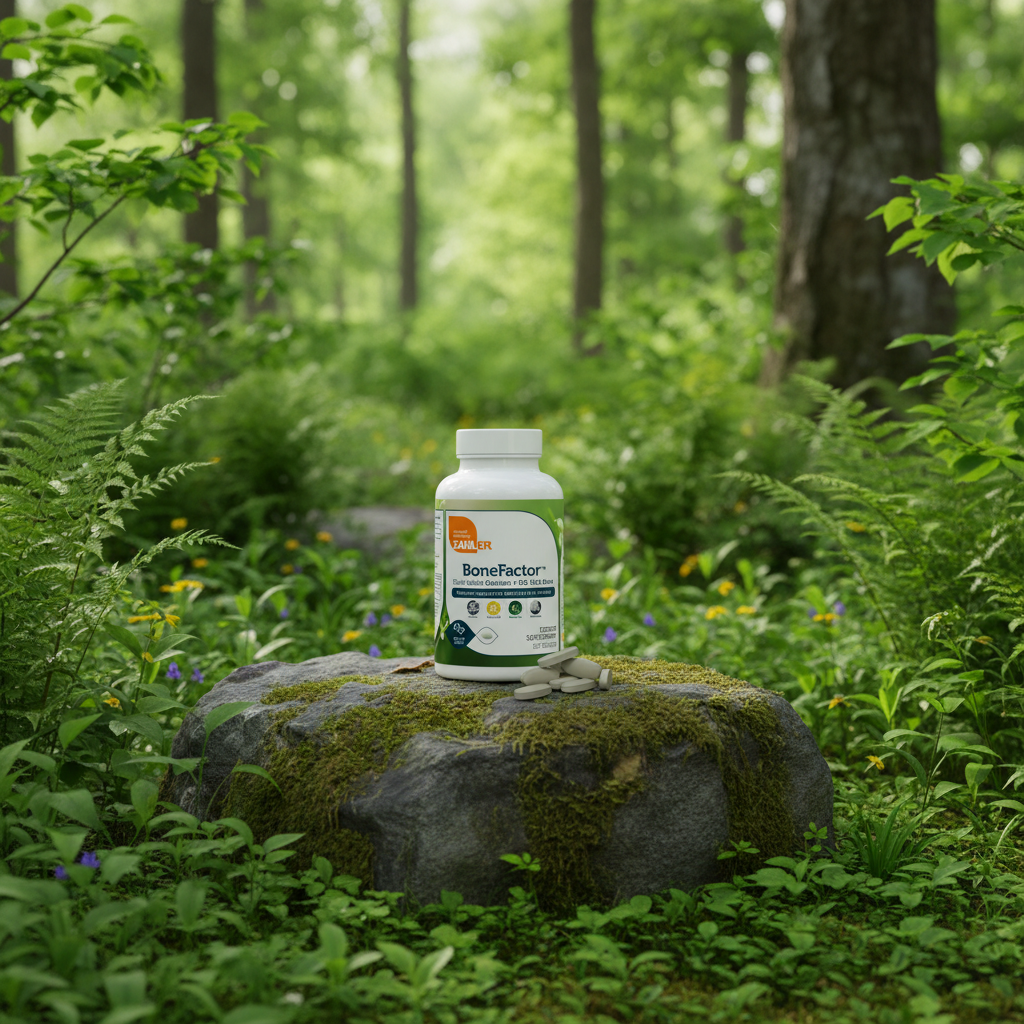 BoneFactor bottle in lush green forest setting